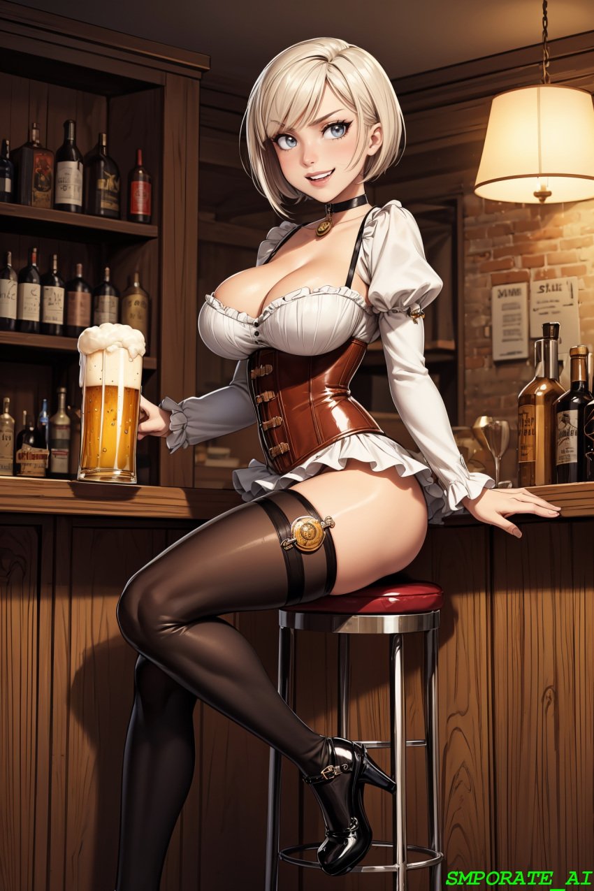 1girls ai_generated barmaid beer big_breasts blonde_female blonde_hair blonde_hair_female blue_eyes cleavage corset female female_focus female_only hi_res light-skinned_female light_skin looking_at_viewer maid maid_uniform original self_upload short_hair smile smiling smporate_ai solo_female solo_focus stable_diffusion thick thick_thighs thigh_highs thighhighs thighs