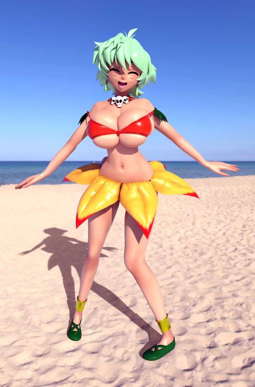 3d beach big_breasts boyslut_(artist) covered_nipples female green_hair red_bra short_hair solo stage-1