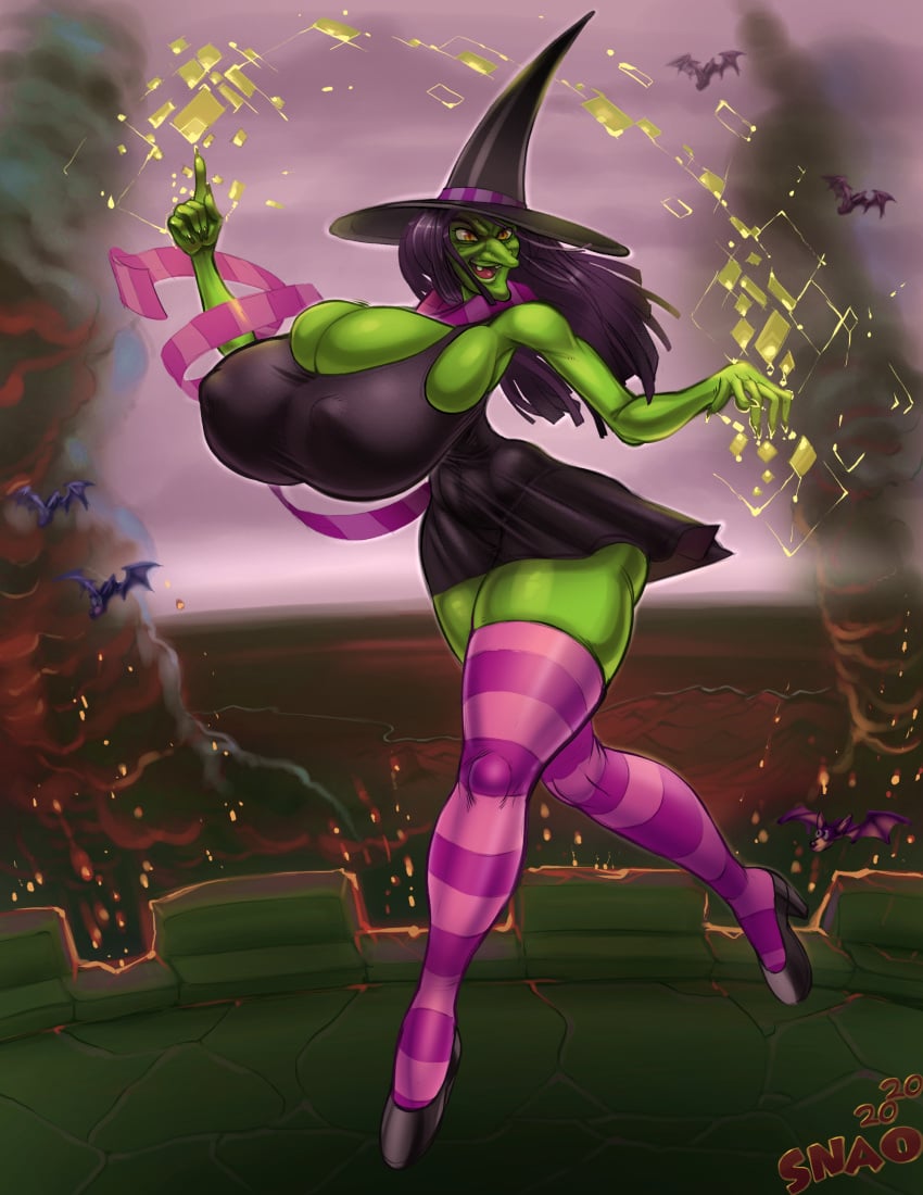 banjo-kazooie big_breasts bimbofication black_dress bottomless breasts clothed clothing dress female green_skin gruntilda high_heels hourglass_figure huge_breasts mostly_clothed pointy_nose purple_hair scarf skindentation slim_waist snao solo standing thighhighs ugly_face wide_hips witch witch_hat