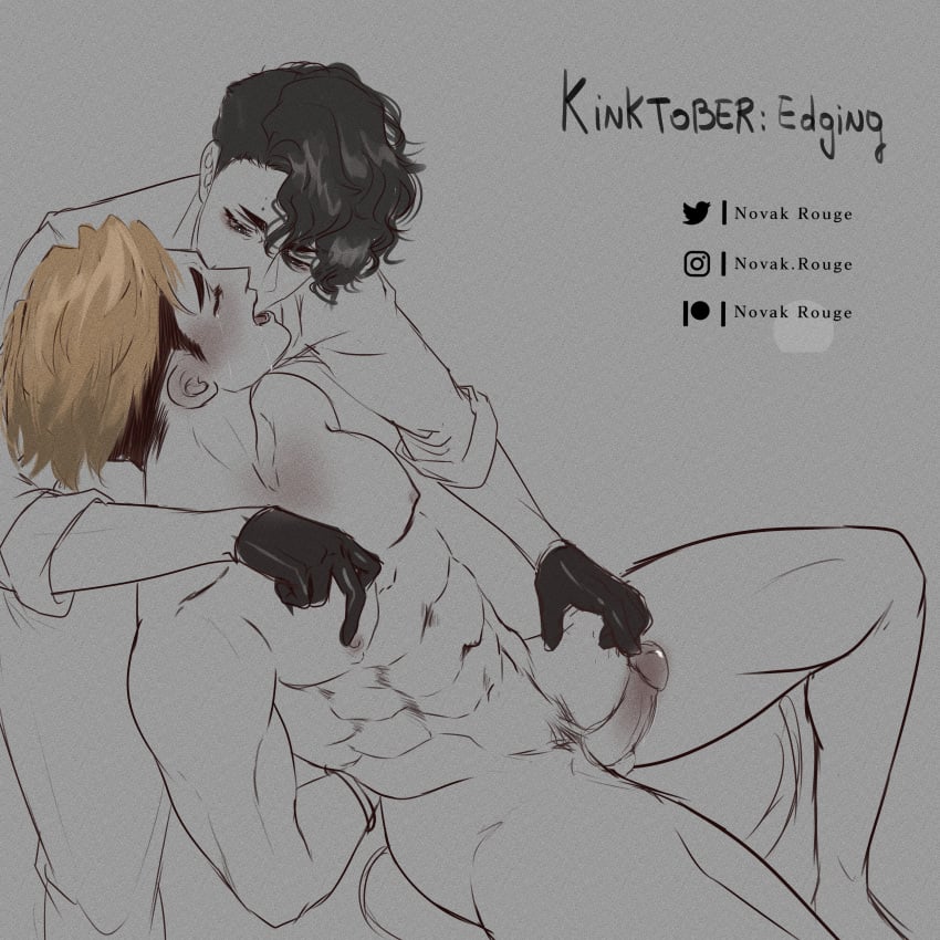 2boys abs atsumu_miya blush closed_eyes cuffs edging erect_nipples erect_penis erection gay gloves haikyuu!! haikyuu_timeskip kinktober male/male male_only muscular_male nipple_play nipples novak_rouge nude_male nude_male_clothed_male on_chair open_mouth rolled_up_sleeves sakusa_kiyoomi tears twitter_username yaoi