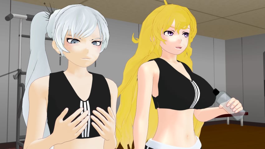 blonde_female blonde_hair blue_eyes breast_envy looking_at_breasts looking_down ponytail purple_eyes rwby theblackbirdcalls weiss_schnee white_hair white_hair_female yang_xiao_long