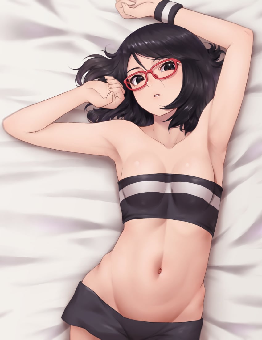 1girls abs armpits arms_above_head bare_shoulders bed bed_sheet belly_button black_eyes black_hair boruto:_naruto_next_generations bracelet breasts cleavage clothed clothing crop_top eyebrows_visible_through_hair female female_only glasses looking_at_viewer lying medium_hair miru_(wvjc7832) naruto naruto_(series) on_back on_bed pale-skinned_female pale_skin pose posing revealing_clothes sarada_uchiha short_hair short_shorts skinny small_breasts solo solo_female solo_focus teenager tubetop voluptuous wristband