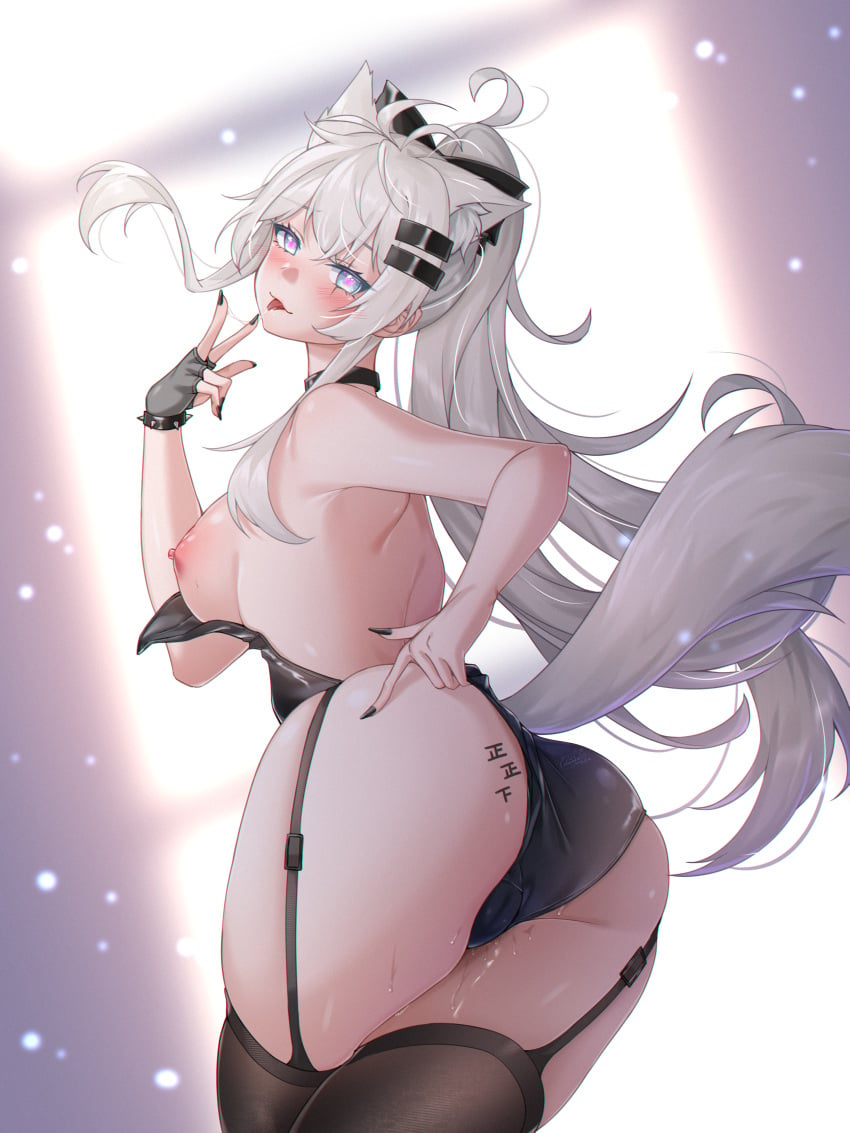 1girls 2024 animal_ears arknights ass ass_focus bare_breasts breasts breasts_out hair_ornament hi_res kemonomimi lappland_(arknights) light-skinned_female light_skin long_hair nanaya_journey nipples no_bra ponytail pussy_juice solo standing tail thighhighs tongue tongue_out white_hair wolf_ears wolf_girl wolf_tail