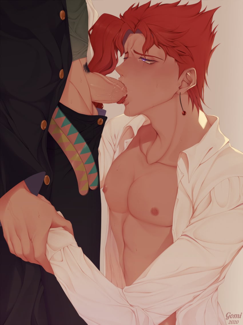 2boys blowjob collarbone deepthroat earrings eyebrows fellatio gay gomi-cake hand_grab holding_hand jojo's_bizarre_adventure jotaro_kujo male male/male male_focus male_only male_pubic_hair nipples noriaki_kakyoin one_eye_closed open_shirt oral oral_sex pants pants_down pubic_hair purple_eyes red_hair saliva saliva_on_penis shirt shirt_open stardust_crusaders thin_eyebrows tongue tongue_around_penis tongue_out vein veins veiny veiny_penis white_shirt yaoi