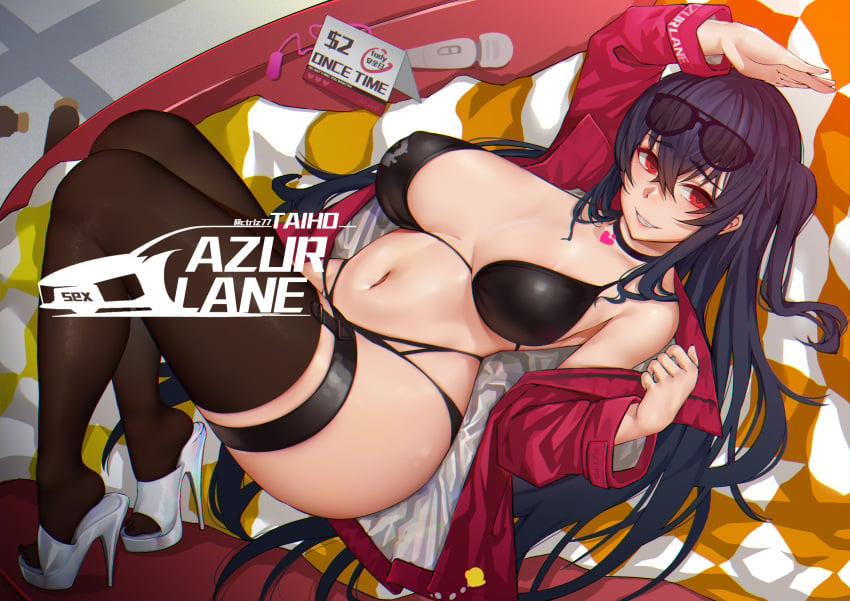 1girls azur_lane bangs bikini black_bikini black_choker black_hair black_legwear black_swimsuit breasts car choker crossed_bangs ctrlz77 erect_nipples erect_nipples_under_clothes eyebrows_visible_through_hair eyewear_on_head female flag grin heart high_heels high_resolution highleg highleg_bikini highleg_swimsuit jacket large_breasts long_hair lying navel nipples off-shoulder_jacket off_shoulder on_back one_side_up open_clothes open_jacket race_queen red_eyes red_jacket sex_toy shoes sidelocks smile stomach sunglasses swimsuit taihou_(azur_lane) taihou_(enraptured_companion)_(azur_lane) thigh_strap thighhighs vehicle very_high_resolution very_long_hair vibrator