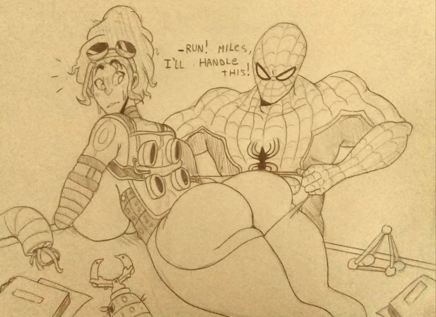 1boy 1boy1girl 1girls apple_butt ass assisted_exposure big_breasts breasts bubble_ass bubble_butt butt detnox dialogue drawing english_text exposed exposed_ass female hair_on_head huge_ass line_art male man marvel marvel_comics nudity olivia_octavius peter_parker ripped_pants sideboob sony spider-man spider-man:_into_the_spider-verse spider-man_(series) straight tearing_clothes tearing_open_bottoms torn_pants traditional_media traditional_media_(artwork) underboob woman