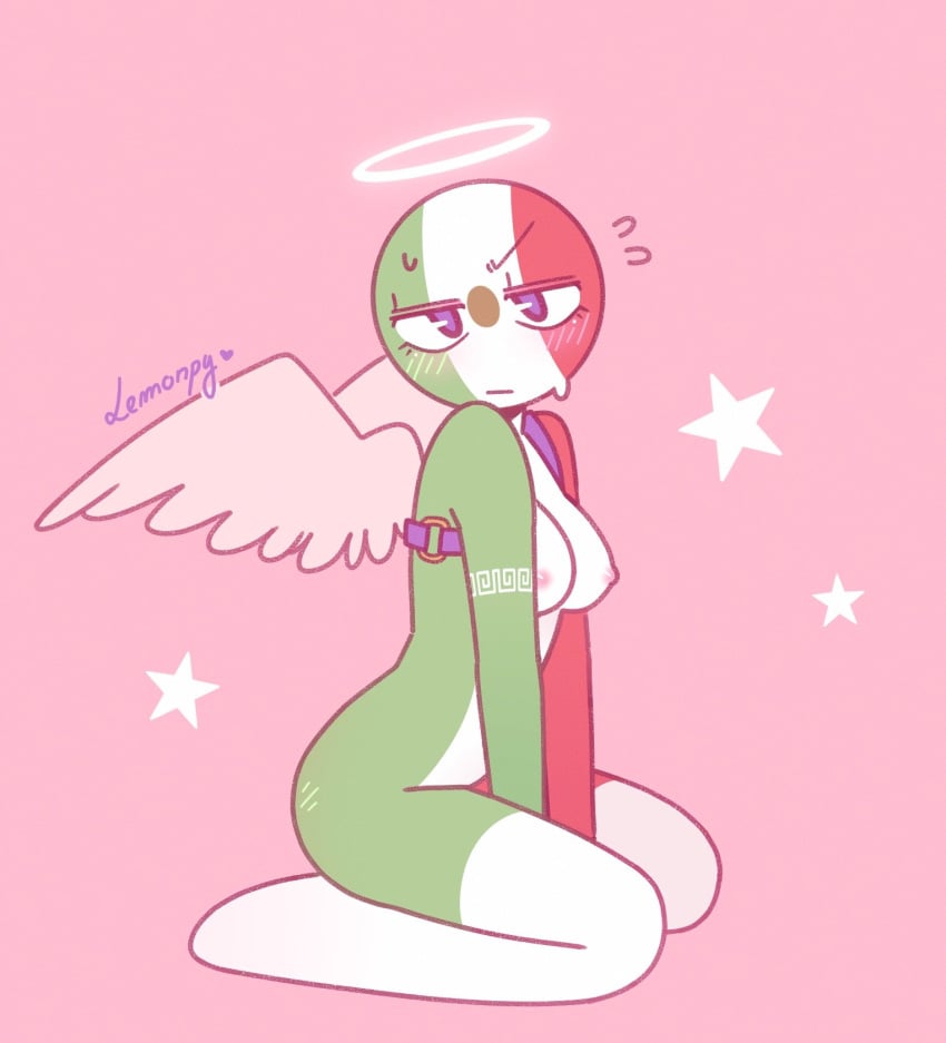 breasts countryhumans countryhumans_girl female lemonpy lemonpy2 looking_at_viewer mexican_flag mexico mexico_(countryhumans) on_knees small_breasts tattoos wings