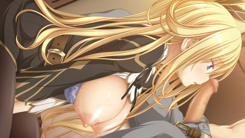 1boy bangs belt black_dress black_legwear blonde_hair blue_bra blue_eyes blush bra breasts breasts_out buckle censored dress dutch_angle female game_cg imminent_fellatio imminent_oral koku large_breasts liz_mathers long_hair looking_at_penis mosaic_censoring nipples open_mouth penis seishun_fragile solo_focus straight sweat thighhighs underwear