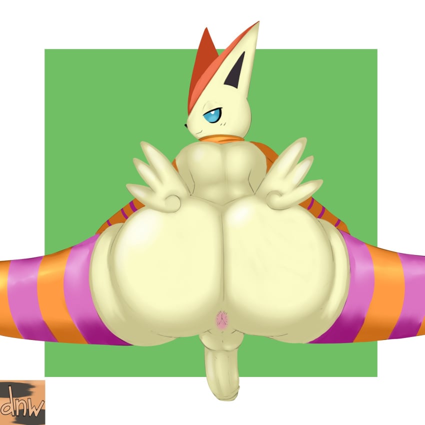 1:1 anthro anus armwear ass balls big_butt big_ears black_nose blue_eyes butt_wings clothing fur furry furry_only genitals girly half-closed_eyes hi_res huge_butt legendary_pokémon legwear looking_at_viewer looking_back male male_only narrowed_eyes nintendo penis pokémon_(species) pokemon reallydarkandwindie rear_view scarf smile solo spreading thick_thighs vandan_(svric) victini video_games wide_hips wings