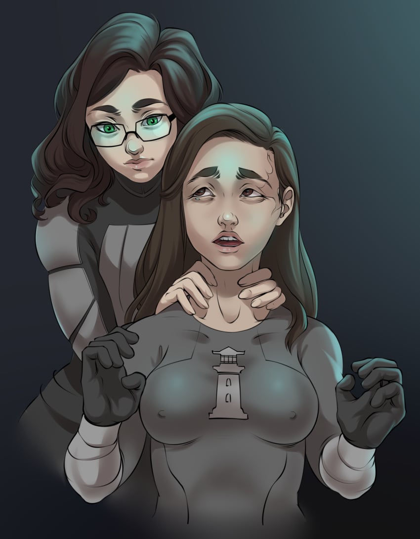 2girls alexandria_(parahumans) antibot_one choking edit glasses green_eyes parahumans rebecca_costa-brown skitter superheroine supervillain taylor_hebert wildbow worm_(web_series)