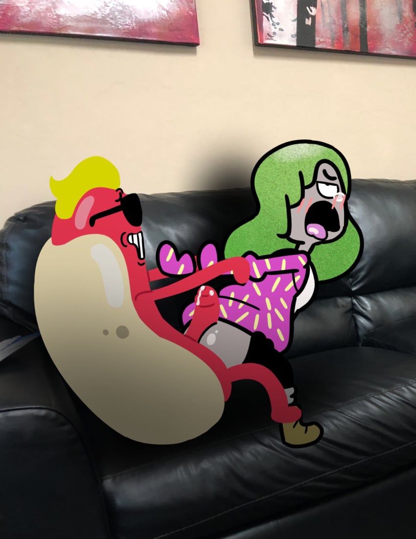 1boy 1boy1girl 1girls arm_grab ass blush bodily_fluids bottomless breasts buttjob cartoon_network clare_cooper clothed clothing cum cum_on_penis duo eye_roll eyewear female food furniture genital_fluids genitals green_hair grey_skin hair hair_over_eye hi_res hot_dog hot_dog_guy hot_dogging humanoid indoors inside jones_boi looking_pleasured male male/female mammal nude on_couch on_sofa one_eye_obstructed open_mouth partially_clothed penis sex_from_behind sitting smile sofa straight sunglasses tearing_up teeth the_amazing_world_of_gumball tongue uncensored