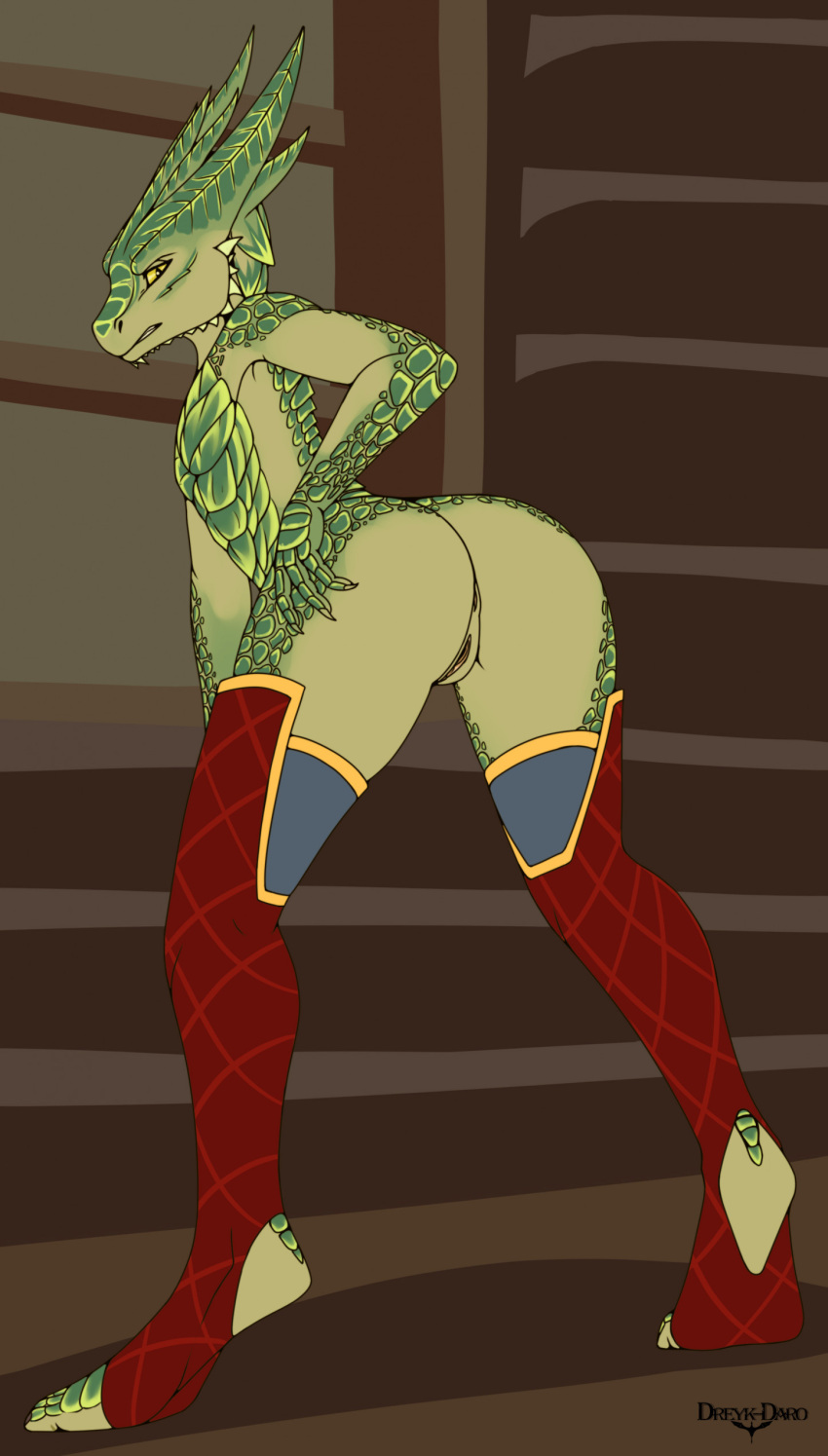 absurd_res annoyed anthro anus ass big_butt clothing dragonborn_(dnd) dreyk-daro dungeons_and_dragons female flat_chested genitals green_body green_scales hasbro hi_res legwear presenting presenting_hindquarters pritt_yellowbreath pussy red_clothing scales scalie solo stirrup_legwear tailless thigh_highs wizards_of_the_coast yellow_eyes