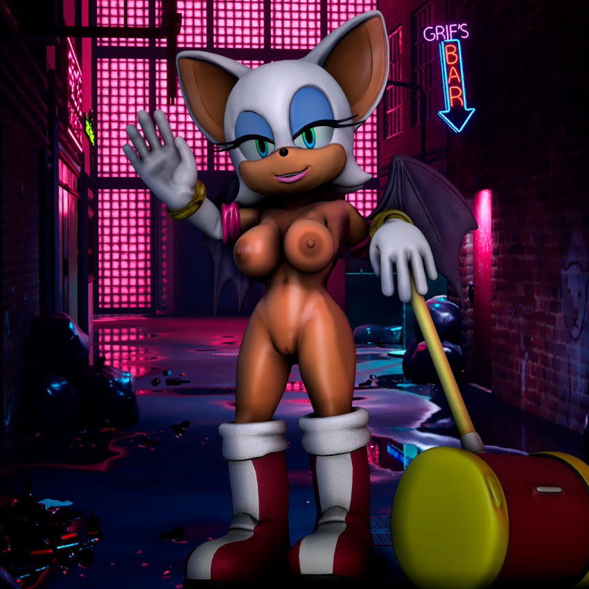 1:1 3d 3d_model absurd_res alternate_costume amy_rose_(cosplay) anthro big_breasts big_eyes big_head black_nose breasts chek chiropteran clothed clothing english_text eyelashes eyeshadow female genitals gloves gradient_eyes hammer handwear hi_res looking_at_viewer makeup mammal membrane_(anatomy) membranous_wings mobian mobian_(species) mobian_bat neon_lights neon_sign nipples nude outside piko_piko_hammer pussy rouge_rose rouge_the_bat sega smile solo sonic_(series) sonic_adventure_2 sonic_the_hedgehog_(series) standing text tools water wave weapon wings