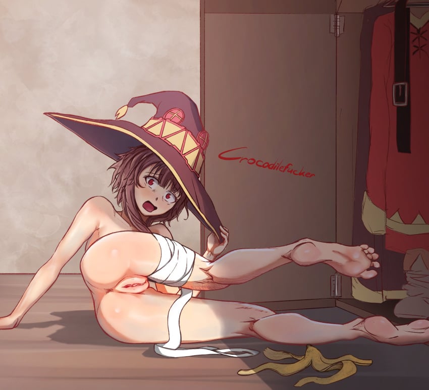 1girls ass banana_peel brown_hair completely_nude crocodilefucker embarrassed embarrassed_nude_female exposed_pussy fallen_over feet kono_subarashii_sekai_ni_shukufuku_wo! megumin pussy wizard_hat