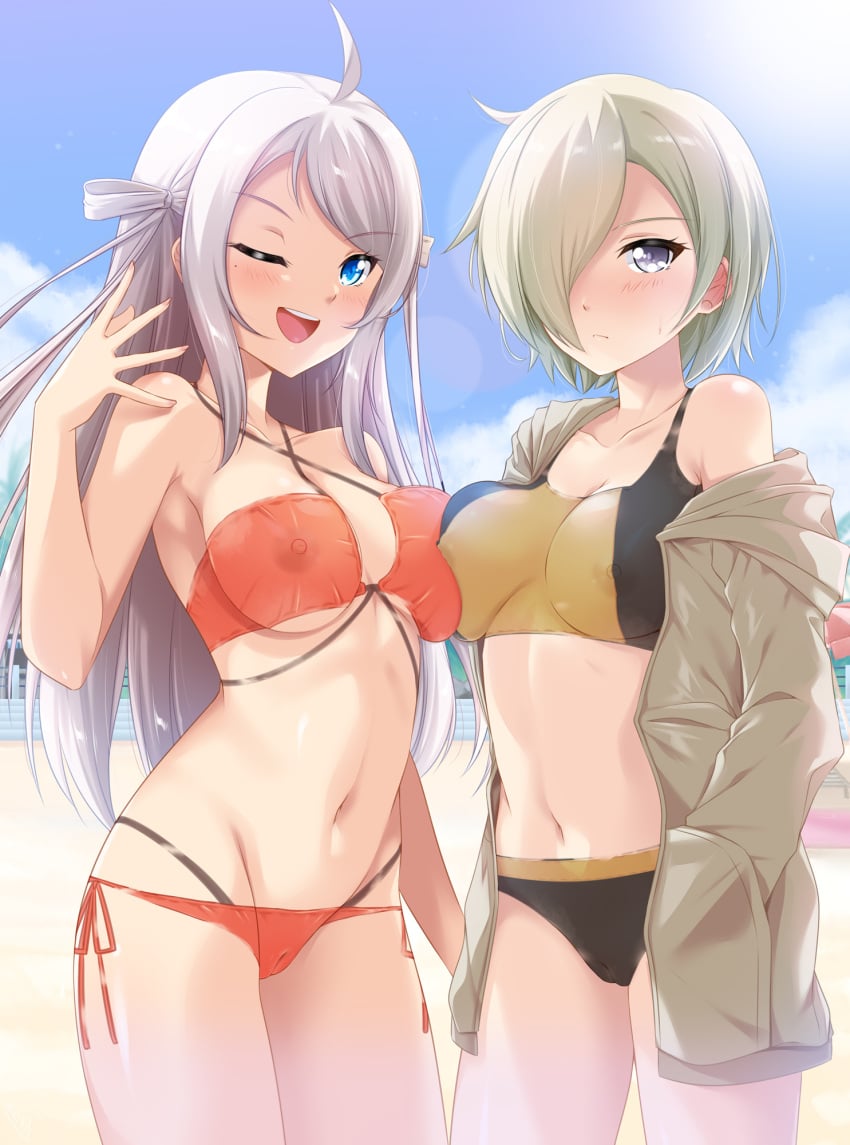 2girls ahoge bikini black_bikini blonde_hair blue_eyes blue_sky blush bodypaint breast_press breasts brown_jacket bunji cloud completely_nude female female_only gold_bikini grey_hair hair_over_one_eye hand_in_pocket highres jacket large_breasts long_hair looking_at_viewer love_live! love_live!_nijigasaki_high_school_idol_club mia_taylor mole mole_under_eye multicolored_bikini multicolored_clothes multiple_girls navel nipples nude one_eye_closed open_mouth painted_clothes pussy red_bikini revealing_clothes short_hair side-tie_bikini_bottom sky smile standing sweatdrop swimsuit teeth upper_teeth_only zhong_lanzhu