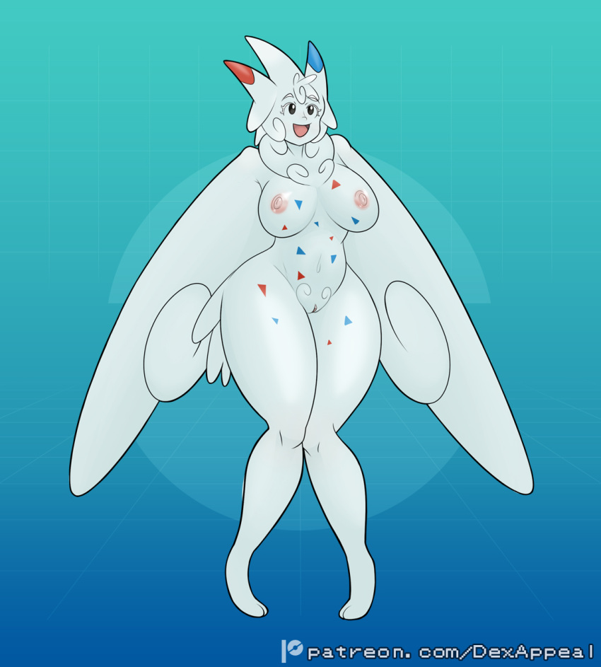 avian avian_humanoid body_pattern dex_appeal female full_body monster_girl nintendo nipples nude nude_female pokemon pokemon_(species) pokemorph pubic_tuft pussy standing togekiss white_hair white_skin wings