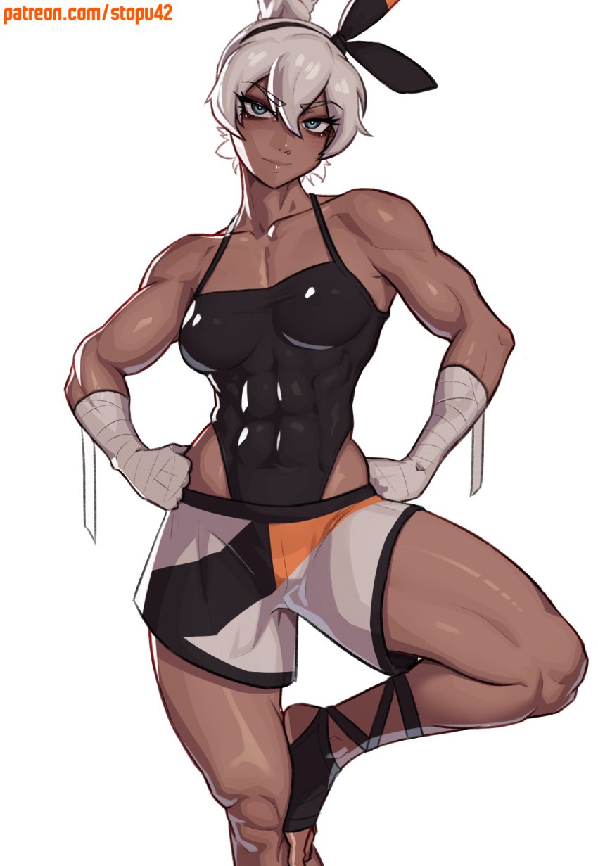 1girls abs bare_arms bare_legs bare_shoulders bare_thighs bea_(pokemon) big_breasts clothed clothing color dark-skinned_female dark_skin female female_focus female_only fit_female game_freak grey_eyes grey_hair gym_leader hi_res large_breasts looking_at_viewer muscles muscular muscular_female muscular_legs muscular_thighs nintendo no_bra pokemon pokemon_ss pokemon_trainer short_hair solo solo_female stopu tagme thick_thighs