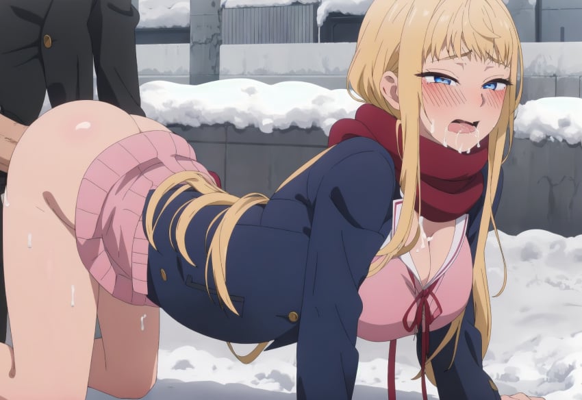 1boy 1girls accurate_art_style ahe_gao ai_generated ass big_ass big_breasts blonde_hair blue_eyes blush dosanko_gal_wa_namara_menkoi long_hair metalchromex minami_fuyuki outdoor_sex outside outside_sex partially_clothed scarf school_uniform schoolgirl self_upload sex shounen_jump+ snow thick_thighs uncensored