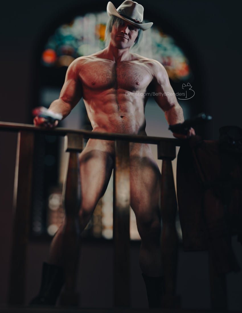 1boy 1human 3d 3d_(artwork) 3d_model bettybattaglia capcom cowboy_hat dante devil_may_cry firearm gun holding_gun holding_weapon indoor_nudity indoors light-skinned_male light_skin male male_focus male_only masculine muscles muscular muscular_male naked naked_male nude nude_male solo solo_focus solo_male tasteful_nudity white_hair