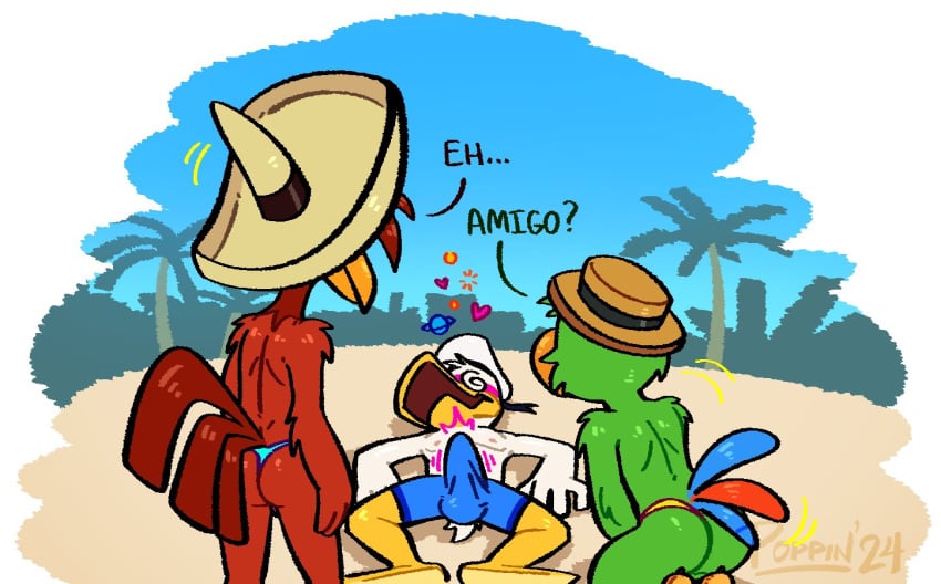 anthro ass avian beach bulge chicken dazed disney donald_duck duck ducktales ducktales_(2017) english_text erection erection_under_clothes gay hat jose_carioca male male_only nipples panchito_pistoles parrot poppin sombrero spanish_text speedo swimsuit text the_three_caballeros topless trio yaoi