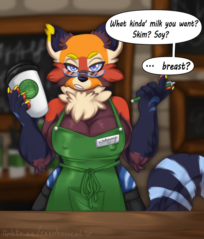 anthro apron barista breasts employee employee_uniform furry furry_only glasses huge_breasts meme meme_reference multicolored_fur nipples_visible_through_clothing raenbowcat red_panda starbucks starbucks_barista starbucks_meme tagme text text_bubble