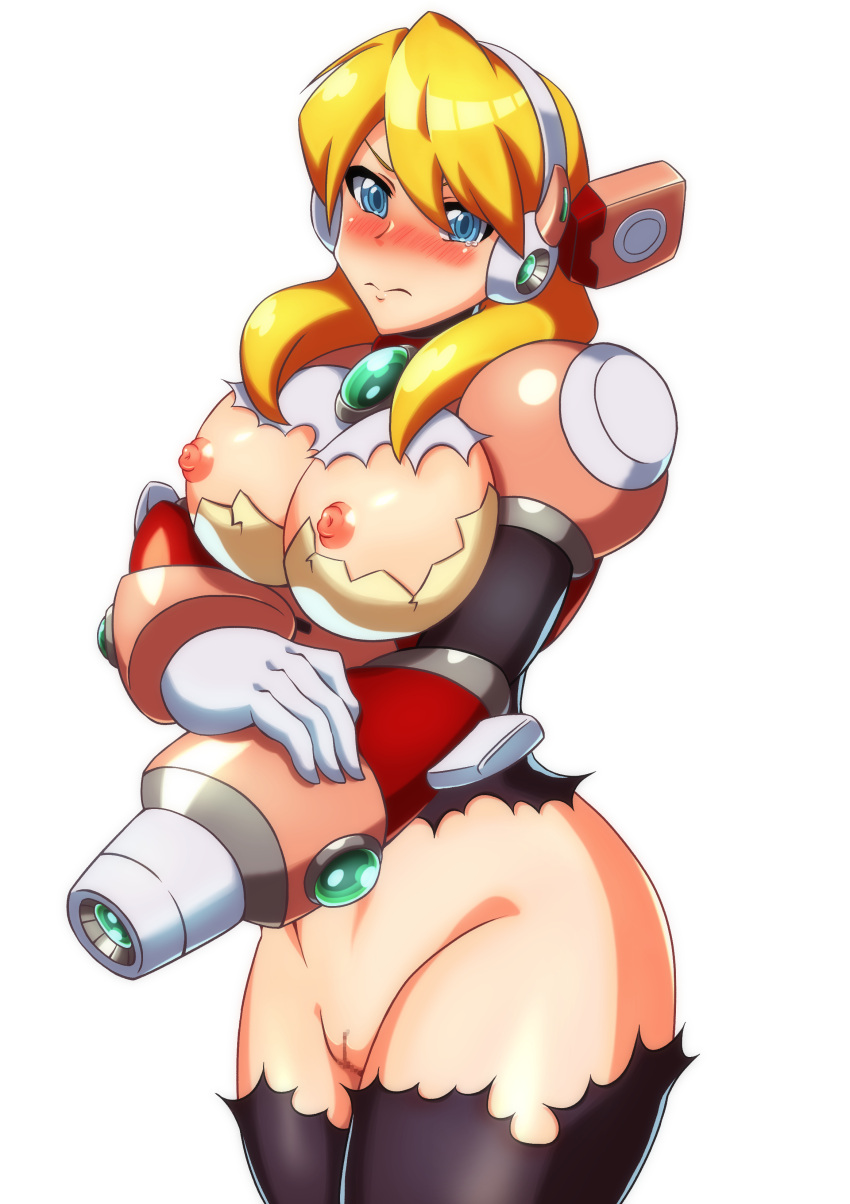 1girls absurdres alia android arm_cannon armor black_bodysuit blonde_hair blue_eyes bodysuit breasts cleavage damaged functionally_nude gloves hair_between_eyes hair_over_shoulder headphones highres kotatuman_dash large_breasts long_hair looking_at_viewer mega_man mega_man_x pink_armor pussy robot_ears sidelocks simple_background solo standing tearing_up topless torn_clothes weapon white_background white_gloves