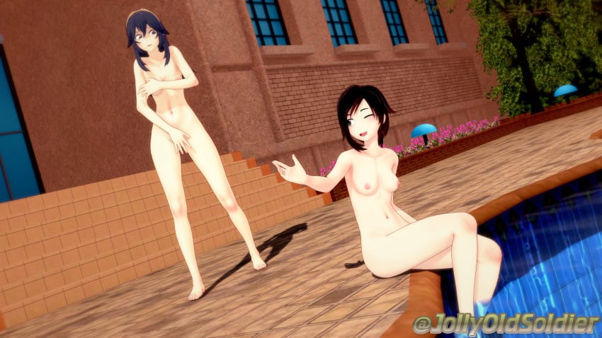 2girls 3d ;d bare_legs barefoot bath black_eyes black_hair blue_eyes blue_hair blush breasts completely_nude completely_nude_female covering covering_breasts covering_crotch crossover eastern_and_western_character embarrassed embarrassed_nude_female embarrassed_nude_female_unashamed_female exhibitionism female female_only fire_emblem fire_emblem_awakening group_bathing inviting jollyoldsoldier legs long_hair lucina_(fire_emblem) multicolored_hair navel nintendo nipples nude nude_female one_eye_closed open_mouth partially_submerged pool public public_nudity red_hair ruby_rose rwby short_hair skinny_dipping small_breasts smile tiara wink yuri