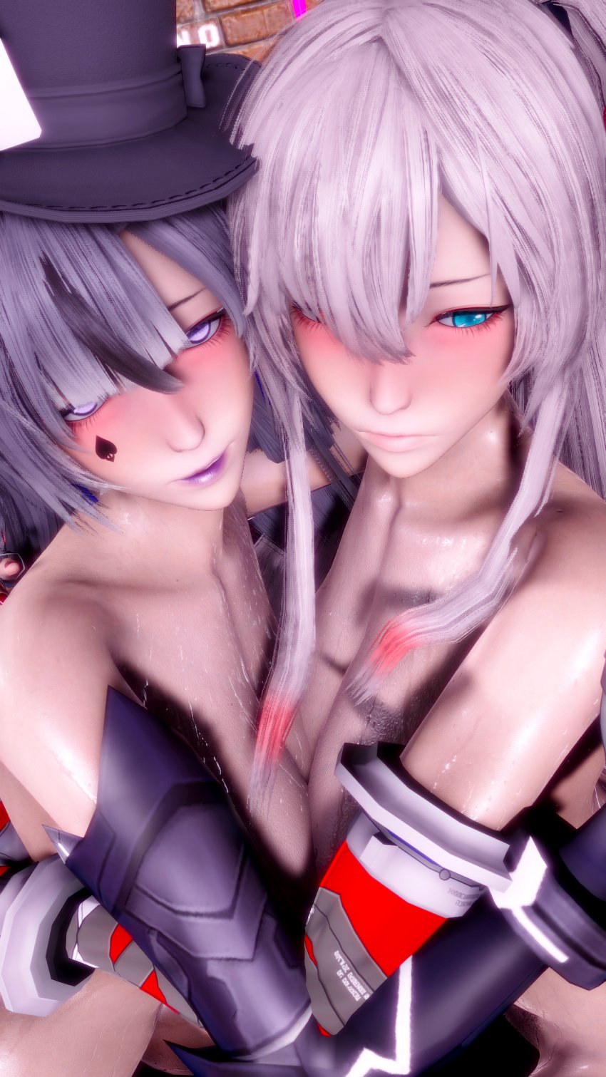 2girls 3d blue_eyes close-up completely_nude female grey_hair heterochromia hugging large_breasts lilith_(punishing:_gray_raven) lucia_(punishing:_gray_raven) nude punishing:_gray_raven purple_eyes realistic robot_girl white_hair yuri ヨミ