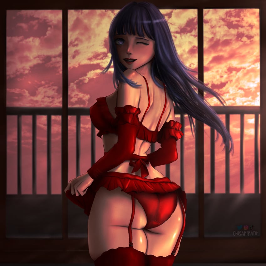 ass blue_hair bra byakugan garter_belt garter_straps hyuuga_hinata lingerie lipstick long_hair milf naruto naruto_(series) naruto_shippuden pale_eyes red_lingerie red_lipstick skirt skirt_lift sleeves stockings thighhighs wind wink winking_at_viewer