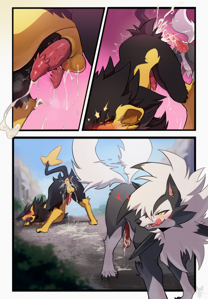 after_anal after_sex anal_orgasm animal_genitalia animal_penis anus ass ass_up balls black_body black_fur blush bodily_fluids burai_(rkitsune) canine_genitalia canine_penis claws comic cum cum_in_ass cum_inside cumshot digitigrade duo dusk_lycanroc ear_piercing ejaculation erection fangs feline_genitalia feline_penis feral feral_on_feral finger_claws forced fur gay generation_4_pokemon generation_7_pokemon genital_fluids genitals hands-free heart hi_res knot leaking_cum luxray lycanroc male male/male nintendo penis piercing pokemon pokemon_(species) quadruped raised_tail rape red_eyes shaded shiny_pokemon snout swift_(tenebscuro) tail tail_motion tailwag teeth tenebscuro tentacle toe_claws white_body white_fur yellow_body yellow_eyes yellow_fur