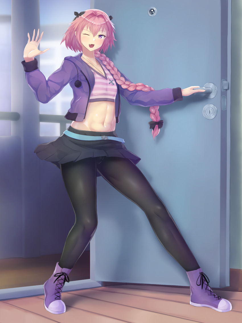 1boy 2021 astolfo_(fate) braid detailed_background fate/grand_order fate_(series) femboy feminine_male full_body girly hi_res long_hair looking_at_viewer male male_only opening_door pantyhose pink_hair purple_eyes skirt smiling smiling_at_viewer solo trap warmcummies wink winking_at_viewer