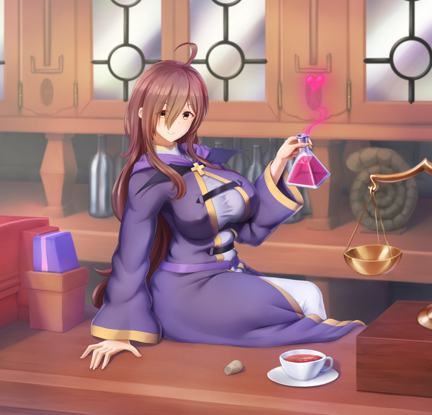 1girls 2023 ahoge big_breasts brown_hair detailed_background female female_only kono_subarashii_sekai_ni_shukufuku_wo! long_hair looking_at_viewer nipple_bulge potion_bottle sitting sitting_on_table smiling smiling_at_viewer solo very_high_resolution warmcummies wiz_(konosuba) yellow_eyes