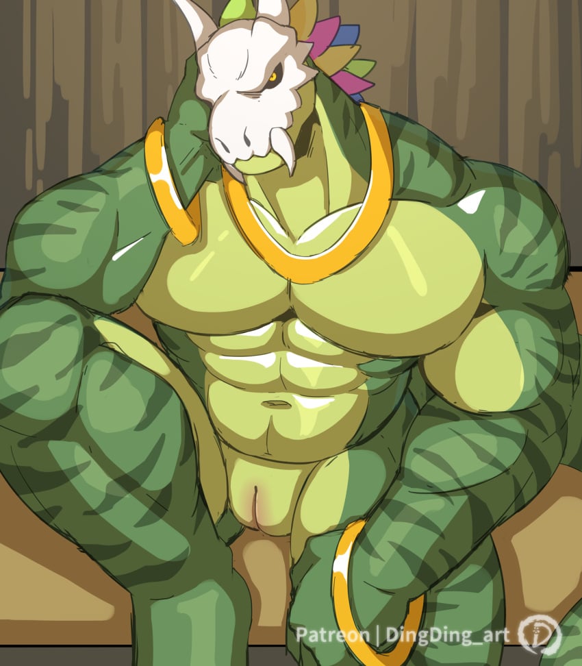 animal_genitalia anthro biped countershade_face countershade_neck countershade_torso countershading dingding_(artist) genital_slit genitals green_body hi_res male_only muscular muscular_abs muscular_anthro muscular_arms muscular_ass muscular_back muscular_body muscular_bottom muscular_legs muscular_thighs nude pecs scalie slit solo striped_body stripes tail terraria witch_doctor_(terraria)