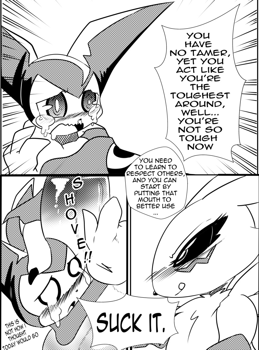 2boys absurd_res ambiguous_gender anthro black_and_white black_sclera blush bodily_fluids canid canine canis claws clothing comic dialogue digimon digimon_(species) duo english_text fight fox gay genitals girly gloves handwear hi_res imp impmon licking licking_lips male male/male male_only male_renamon mammal monochrome outside penis renamon simple_background size_difference tears text tongue tongue_out tuft white_crest yaoi