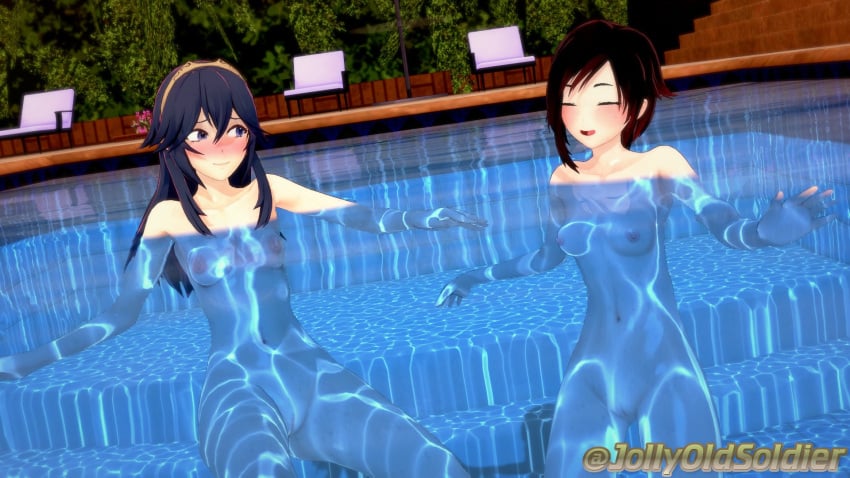 2girls 3d bare_arms bare_thighs bath black_hair blue_eyes blue_hair blush breasts closed_eyes completely_nude completely_nude_female crossover eastern_and_western_character embarrassed embarrassed_nude_female embarrassed_nude_female_unashamed_female exhibitionism female female_only fire_emblem fire_emblem_awakening group_bathing heavy_blush jollyoldsoldier long_hair lucina_(fire_emblem) multicolored_hair navel nintendo nipples nude nude_female outdoors partially_submerged pool public public_nudity pussy red_hair ruby_rose rwby short_hair skinny_dipping small_breasts smile swimming thighs yuri