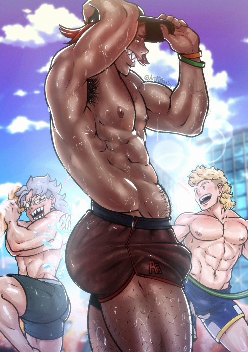 antibooart blonde_hair blonde_hair_male blonde_male blue_eyes boku_no_hero_academia cap car_wash day eijirou_kirishima gay gray_eyes gray_hair hairy_armpits hairy_legs hairy_male happy_male male_focus male_nipples male_only mirio_togata mullet multiple_boys multiple_males muscles muscular muscular_male my_hero_academia nipples no_sex only_male outdoors red_eyes red_hair sexy_armpits shirtless shirtless_(male) shirtless_male smile_at_viewer smiley_face sunshine sweaty_body swimsuit swimwear tetsutetsu_tetsutetsu wet_body wet_skin