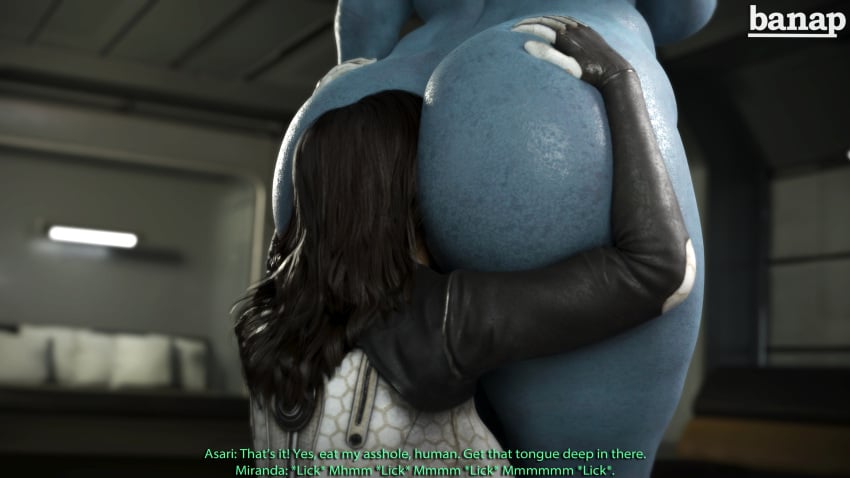 2girls 3d anilingus asari ass ass_focus ass_worship banap black_hair blue_body blue_skin clothed clothed_female clothed_female_nude_female dialogue fat_ass mass_effect miranda_lawson multiple_girls naked naked_female nude nude_female nude_female_clothed_female rimjob text