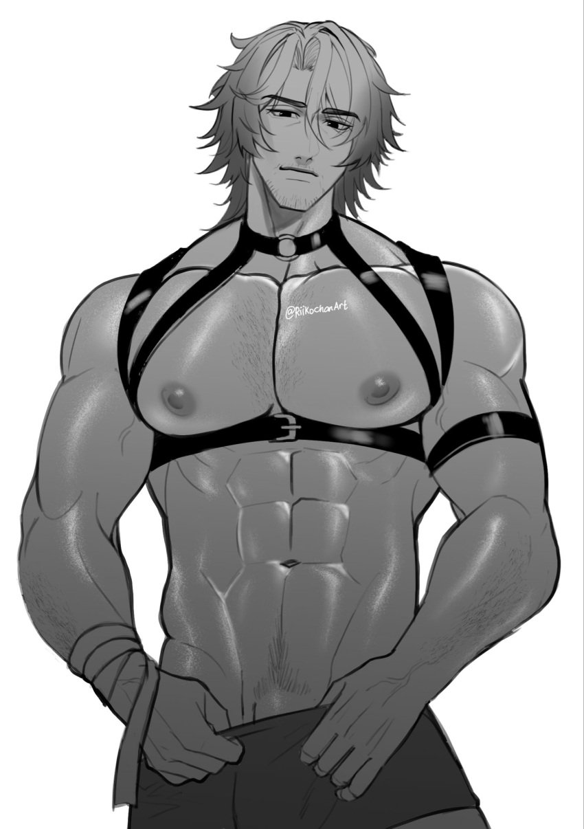 1boy abs bulge gallagher_(honkai:_star_rail) honkai:_star_rail honkai_(series) looking_at_viewer male male_only man_boobs man_tits muscular muscular_male nipples pubic_hair pulling_down_underwear riikochan shirtless solo solo_male underwear veins