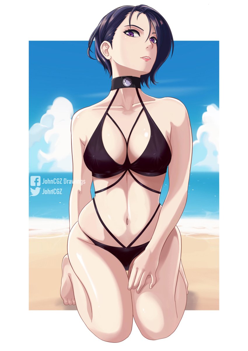 1girls artist_name bare_arms bare_legs bare_shoulders beach big_breasts bikini black_bikini black_swimsuit blue_hair cloud collarbone female fire_emblem fire_emblem:_three_houses johncgz kneeling lips looking_at_viewer midriff nintendo nipples on_knees purple_eyes purple_hair seaside shamir_nevrand short_hair solo solo_female swimsuit thighs