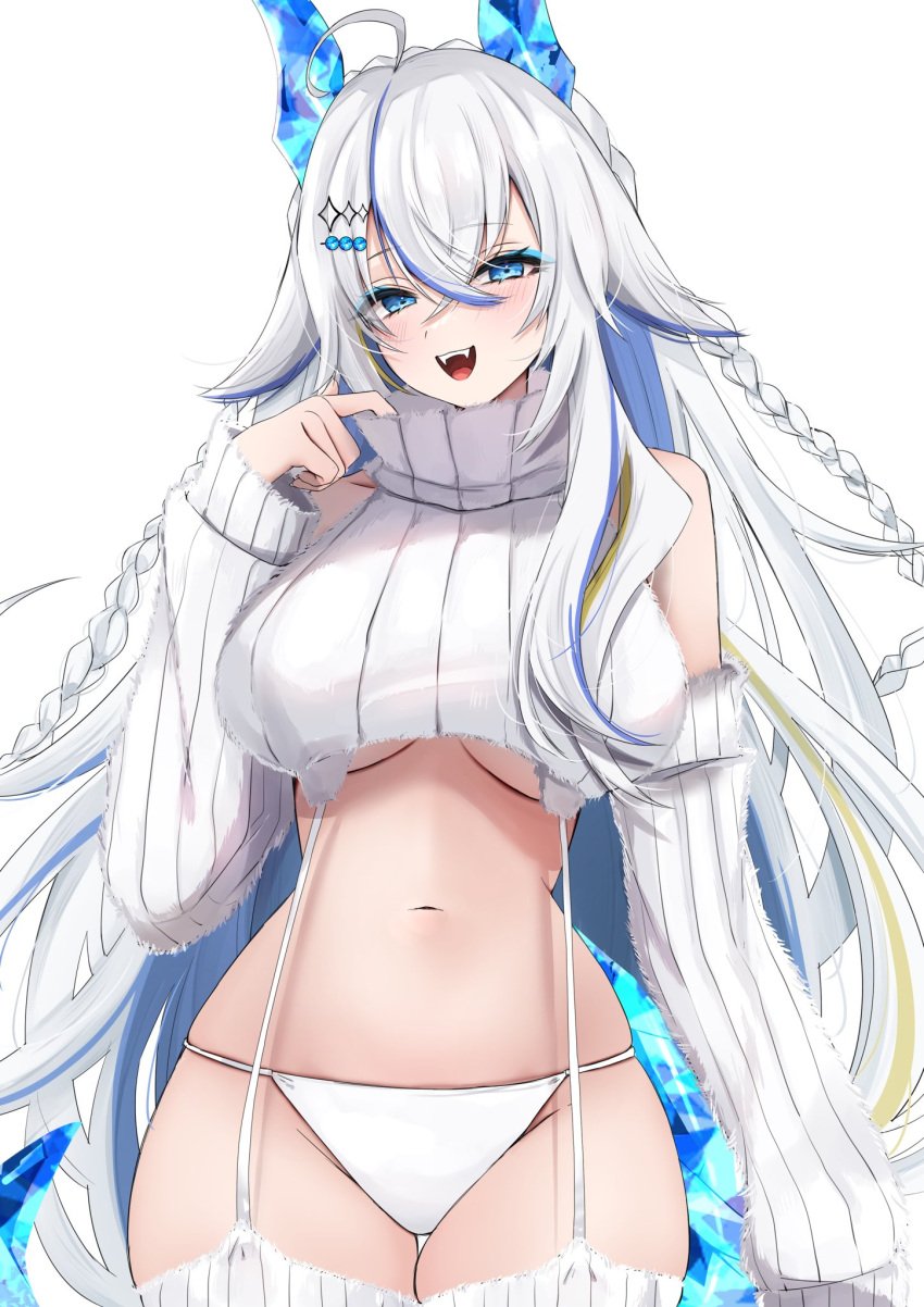 1girls belly_button blue_eyes blush breasts crystal_horns crystal_tail detached_sleeves dragon_girl dragon_horns dragon_tail eyebrows_visible_through_hair fangs female female_only hair_ornament horns indie_virtual_youtuber light-skinned_female light_skin meme_attire nerorigogo open_mouth panties simple_background solo sweater tail underboob virgin_destroyer_sweater virtual_youtuber white_background white_hair white_panties yotsuyuno_eris