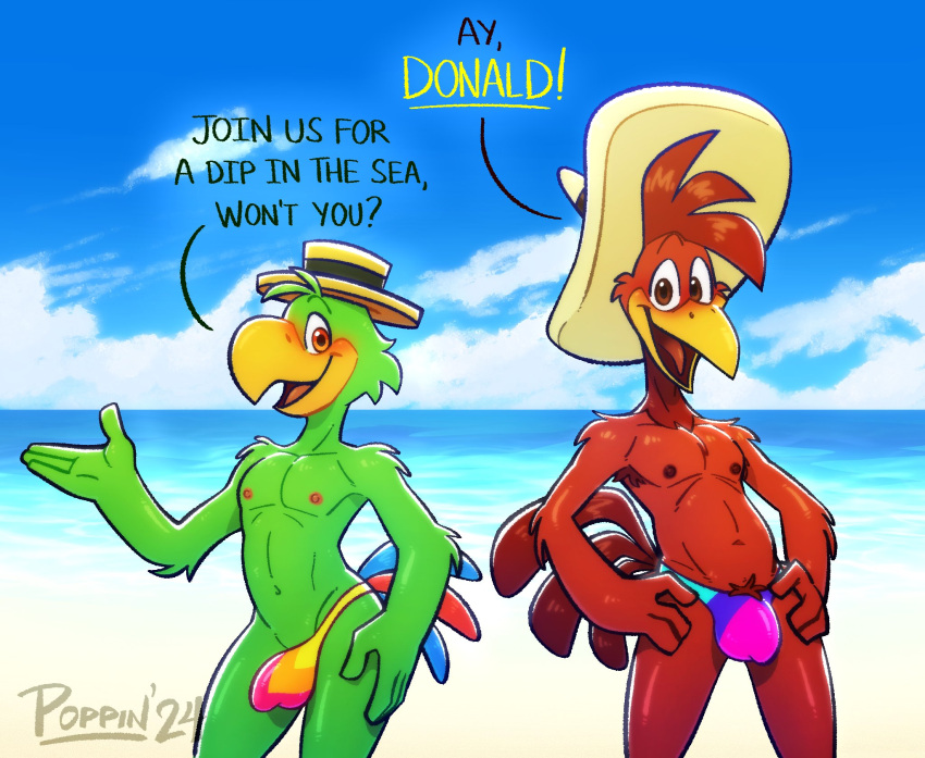 anthro avian beach bird blush bulge chicken disney ducktales ducktales_(2017) duo english_text gay hat jose_carioca male male_only nipples panchito_pistoles parrot pecs poppin sombrero speedo swimsuit the_three_caballeros topless yaoi