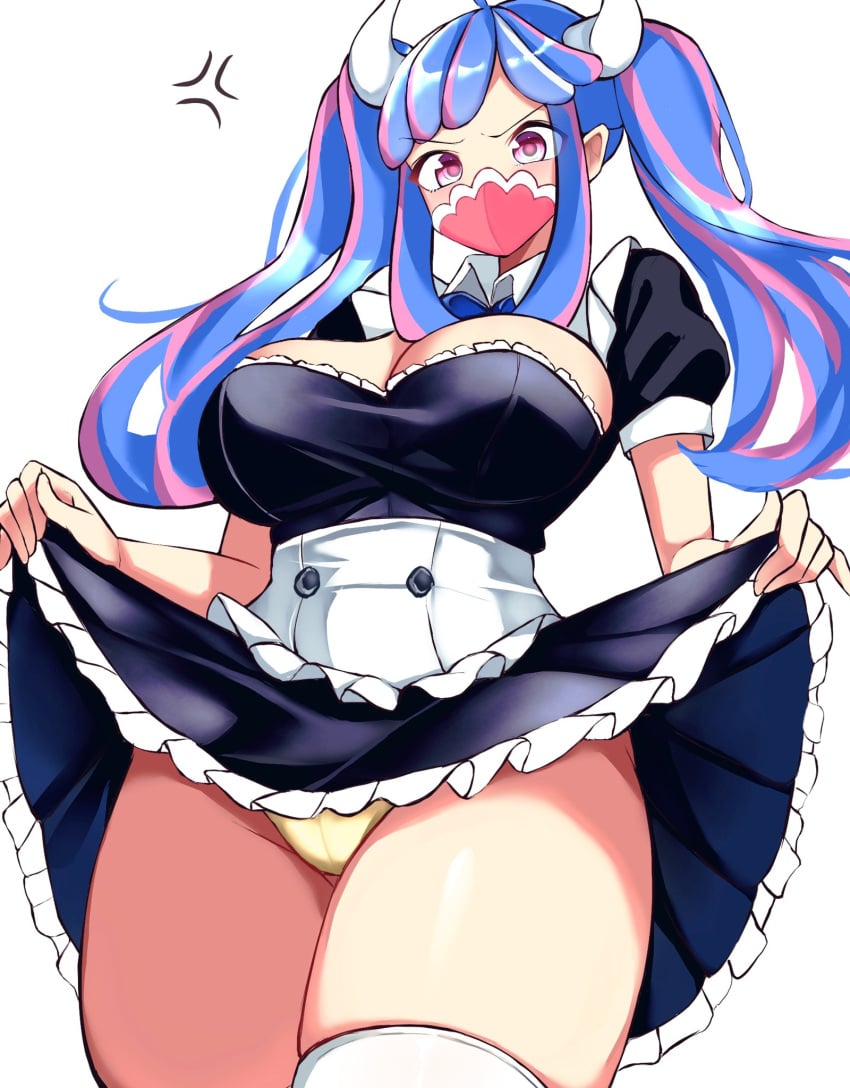 1girls angry bare_thighs big_breasts blush clothed clothing color female female_focus female_only hi_res horns kasumi6 large_breasts light-skinned_female light_skin long_hair looking_at_viewer maid maid_outfit maid_uniform mask multicolored_hair one_piece panties pink_eyes ribbons shounen_jump showing_panties solo solo_female tagme thick_thighs ulti_(one_piece)