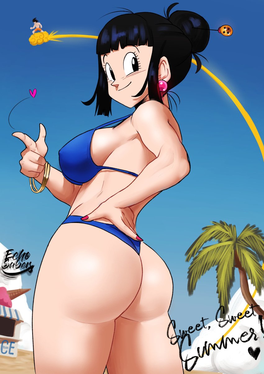 1boy 1girls ass big_ass big_breasts bikini bikini_bottom bikini_top black_eyes black_hair bracelets chichi dragon_ball dragon_ball_z echosaber english english_text goku hair_bun large_breasts mature_female milf nipples_visible_through_clothing sci-fi science_fiction scifi shounen_jump sideboob son_goku thick_ass thick_thighs thighs wide_hips