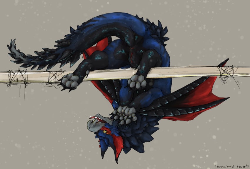 anus ass beak blue_body blue_fur bodily_fluids capcom claws dragon fan_character feet female feral ferocious_ferals flying_wyvern foot_focus fur furry_ears genital_fluids genitals hanging_from_branch hi_res jagged_mouth looking_at_viewer mane markings membrane_(anatomy) membranous_wings monster_hunter multicolored_body multicolored_fur nargacuga pink_tongue presenting presenting_anus presenting_hindquarters presenting_pussy pussy pussy_drip red_body red_fur signature simple_background solo spiked_tail spikes spikes_(anatomy) spots spotted_markings striped_markings stripes tail tan_background teeth_showing toe_claws tongue tongue_out upside-down vaginal_fluids wings wyvern yellow_eyes