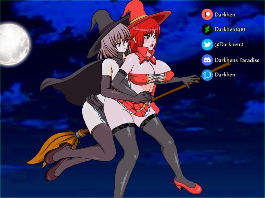 2girls broom darkhen1410 koooon_soft koooonsoft_kungfu_girl koooonsoft_witch_girl multiple_girls night tagme witch_hat