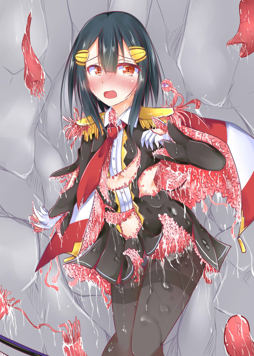 absurdres black_hair black_jacket black_pantyhose black_skirt blush cape epaulettes eyeball female gloves gold_trim hair_ornament hairpin highres jacket kuzumomo michelle_mutsu miniskirt necktie orange_eyes pantyhose pleated_skirt red_cape red_necktie seiken_manifestia shirt skirt striped_cape tears tentacle_clothes wet wet_clothes white_cape white_gloves white_shirt