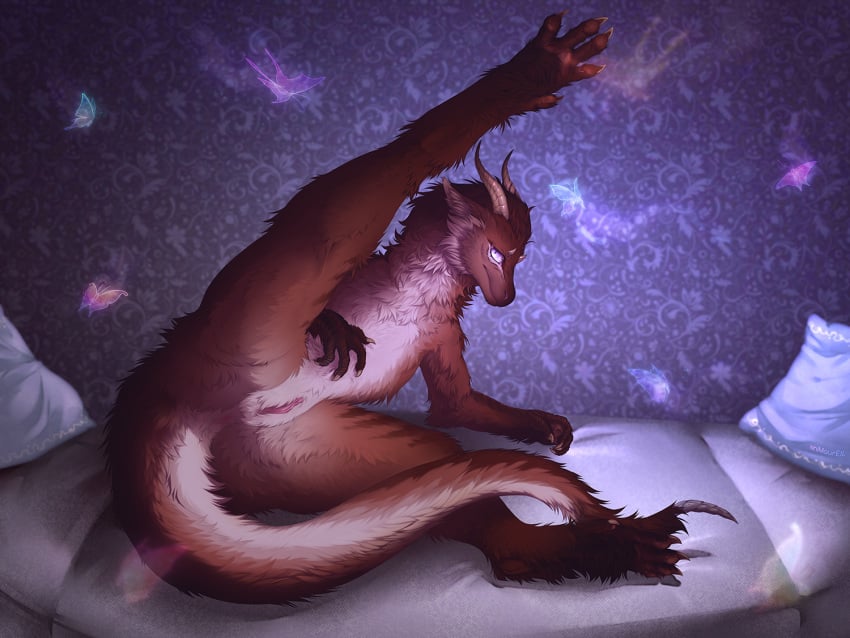 4:3 anus bedding bedroom_eyes brown_body brown_fur claws dragon female feral finger_claws fur furred_dragon genitals inner_ear_fluff lemas looking_at_viewer narrowed_eyes presenting presenting_pussy pussy raised_leg seductive solo spread_legs spreading toe_claws tuft wingless_dragon