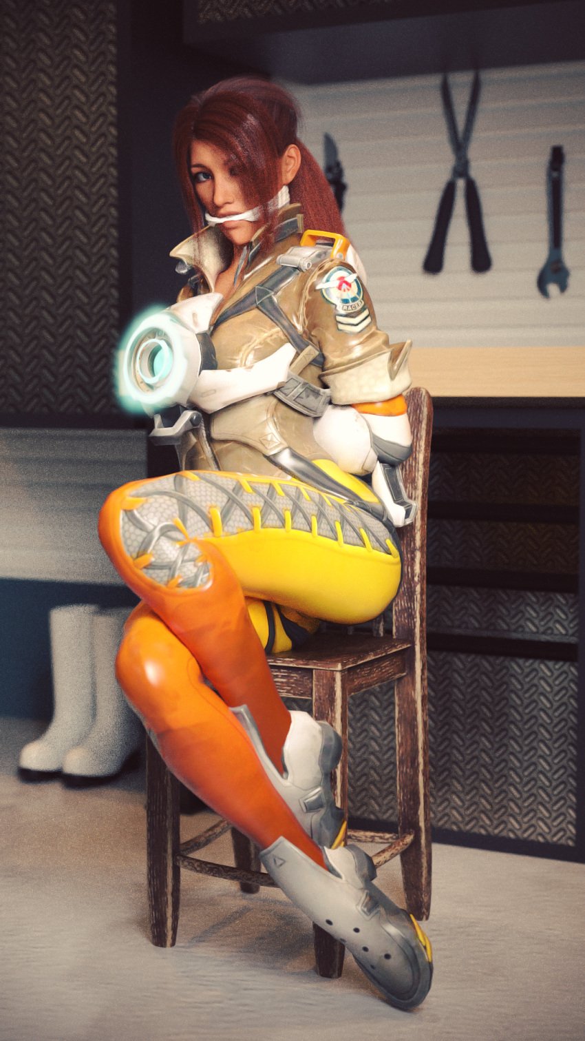 1girls 3d arms_behind_back blue_eyes bodysuit boots butt chair cloth_gag clothed cosplay gag gagged hands_behind_back harness jacket knife leaning_to_the_side legs overwatch overwatch_2 parted_bangs ponytail red_hair shears sitting thighs tools tracer ultimate-clash wooden_chair wrench