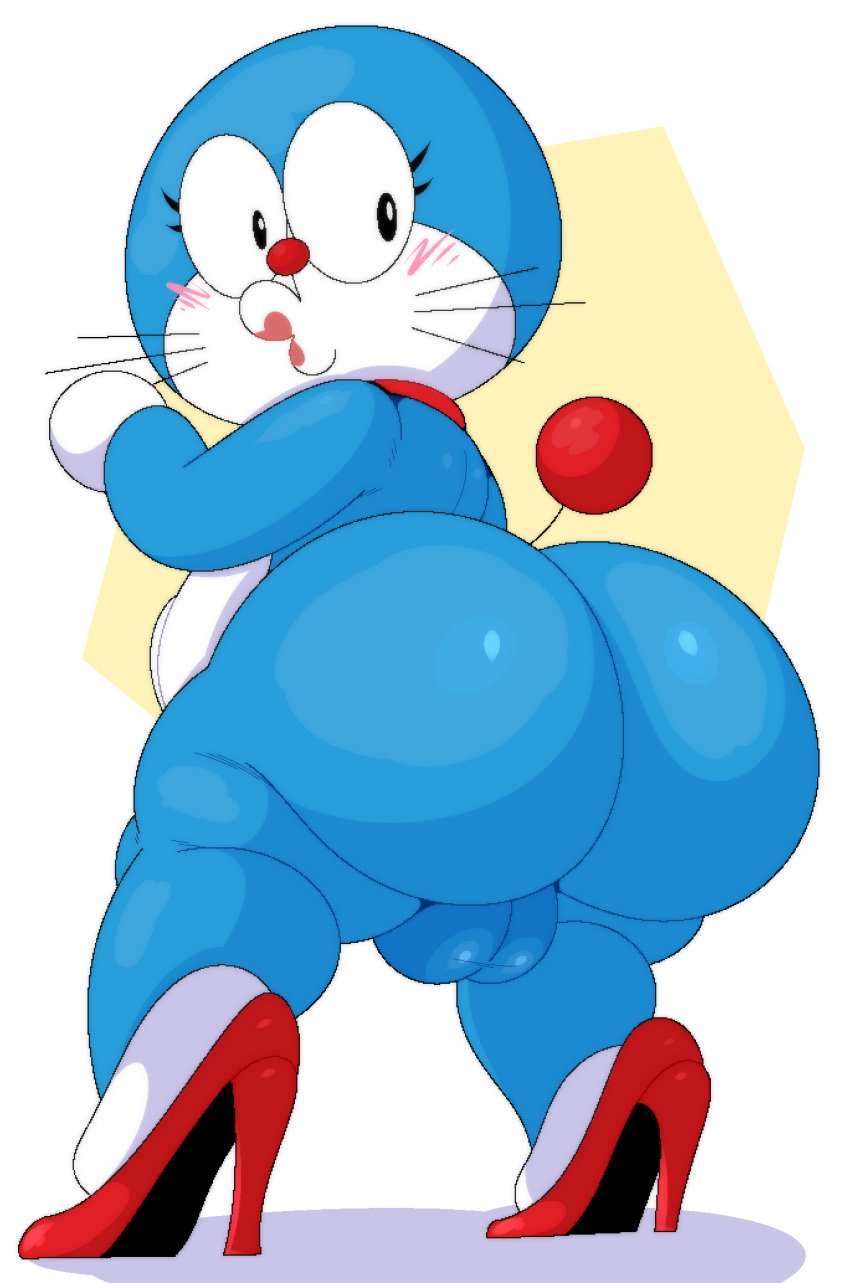 adorable anthro ass ass balls big_ass big_butt blue_body blue_fur blush clothing collar cute cute_face digital_media_(artwork) domestic_cat doraemon doraemon_(character) ekkokenight felid feline felis footwear fur genitals heels_only hi_res high_heels huge_ass huge_butt looking_at_viewer looking_back machine male male_only mammal red_collar red_nose robot shaded simple_background solo solo_male tail thick_thighs whiskers white_body white_fur wide_hips