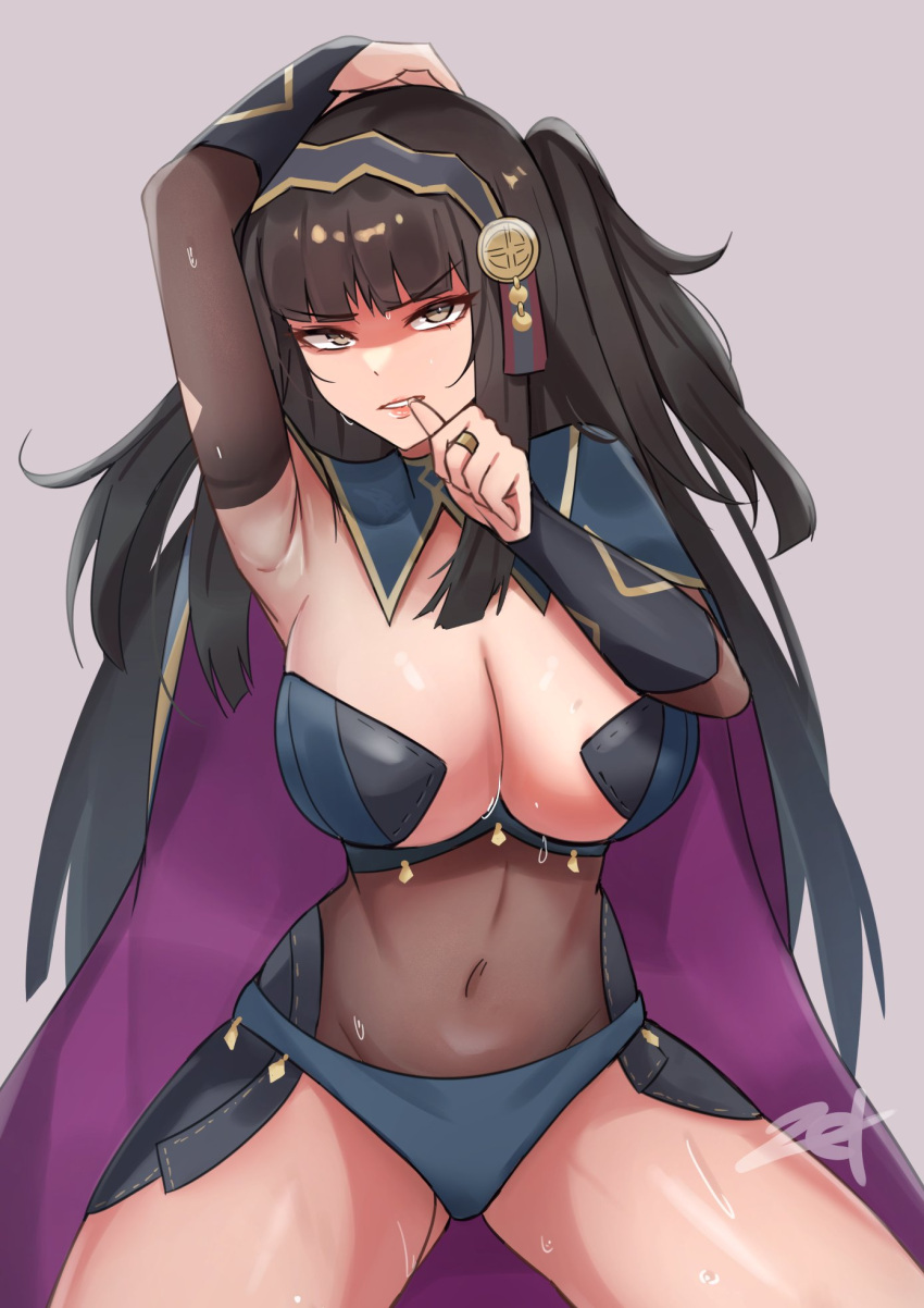 1girls alternate_costume armpits black_eyes black_hair blue_panties bodystocking breasts bridal_gauntlets cape cleavage cosplay covered_navel dark_mage_(fire_emblem_fates) female female female_only fire_emblem fire_emblem_fates hairband highres hime_cut large_breasts long_hair looking_at_viewer nintendo nyx_(fire_emblem)_(cosplay) panties rhajat_(fire_emblem) solo spread_legs sweat turtleneck twintails underwear zet_(twt_zet)